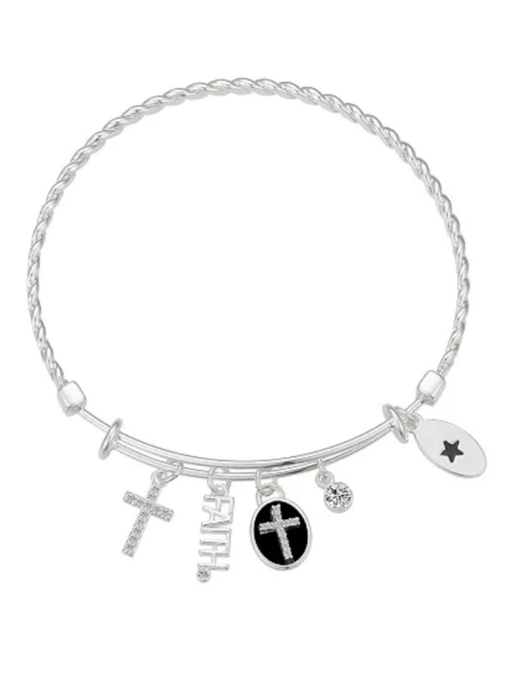 Unwritten Silver-Plated Cross "Faith" Multi Charm Twist Design Bangle Bracelet